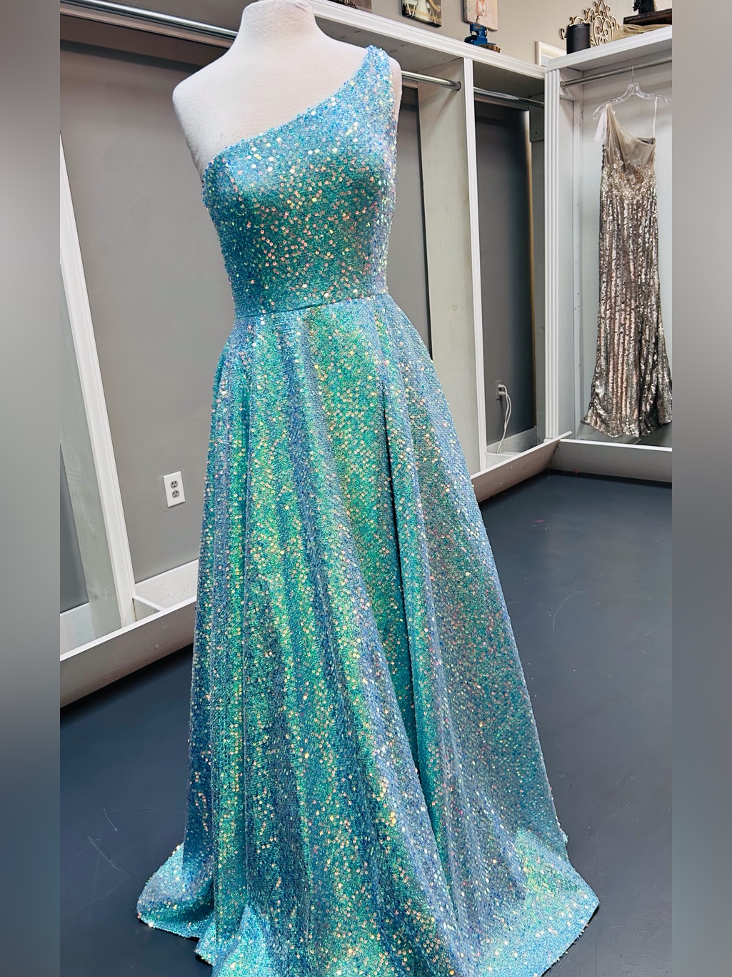 Alyce Paris One-Shoulder Iridescent Aqua Sequin Prom Dress